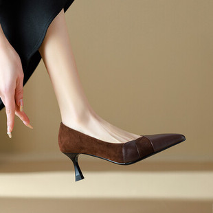 女瓢单鞋子2024年拼接咖啡棕色尖头气质优雅配裙细中高跟真皮