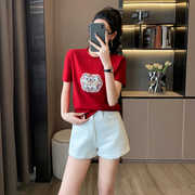 大红色中国风潮刺绣，短袖t恤女夏装新中式，小衫显瘦正肩上衣
