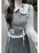 韩系学院风套装女秋冬假两件马甲，拼接娃娃领衬衫搭配百褶裙子