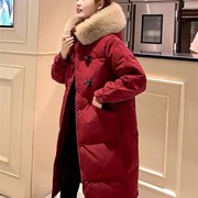 红色羽绒a服女中长款冬季韩版加厚白鸭绒(白鸭绒)大毛领外套