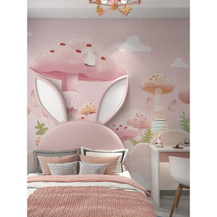 墙布卧室2022儿童房，壁纸女孩粉色，卡通墙纸兔子壁画壁布背景墙