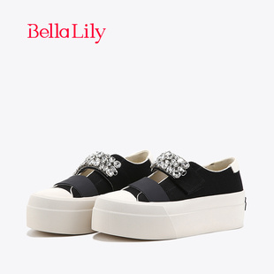 BellaLily2024魔术贴水钻板鞋女镂空透气休闲鞋松糕帆布鞋