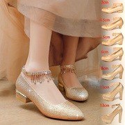 婚鞋金色高跟鞋女粗跟色新娘鞋亮片配礼服的高跟鞋走秀演出鞋