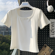 纯棉白色短袖t恤女夏季2024小众，修身独特别致露锁骨方领上衣