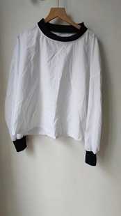  韩国东大门白色条纹女衬衣修宽松版撞色圆领上衣衬衫复古