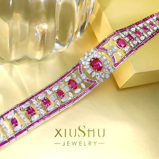 重工珠宝款人工红宝石手链宽925银进口高碳钻镶嵌复古高级感欧美