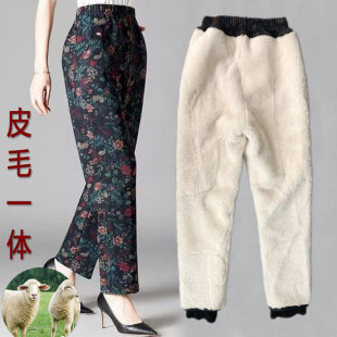 羊皮毛一体棉裤女士羊剪绒羊毛裤子弹力高腰中老年人冬季保暖加厚