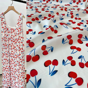真丝双绉布料宽幅弹力减龄夏季清新白底红樱桃印花桑蚕丝衣裙面料