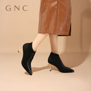 gnc高跟时尚短靴女2023冬尖头细跟真皮新中式风系带新潮短靴