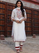 印度女装日常上衣裤子披肩3件套民族风套装纯棉刺绣简约大气白色