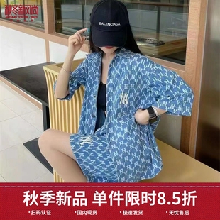 夏季牛仔短袖衬衫休闲开衫复古满标老花外套短裤套装薄款上衣