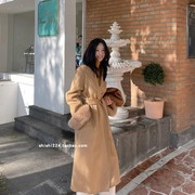 韩国冬款小轻奢狐狸毛拼接袖系带束腰羊毛呢大衣外套