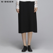 sdeer圣迪奥春秋女装褶裥雪纺拼接优雅黑色针织半身长裙S20181107