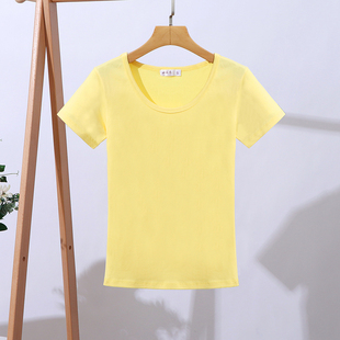 浅黄色短袖t恤女短款圆领，修身简约纯色身体桖上衣，纯棉打底衫舒适