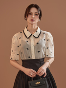安娜杨家 支持DINT韩国花朵点缀透视短袖女衬衫B2936