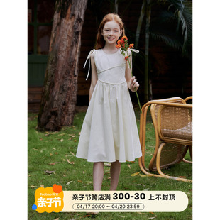 mpeng女童百分百纯棉纯色奶油杏连衣裙抽绳拼接设计极简舒适小众