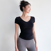 V领瑜伽短袖女薄款紧身正肩显瘦运动上衣跑步健身可外穿速干T恤