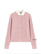 韩版休闲显瘦拼接假两件单排扣设计感麻花粉色针织衫上衣宽松长袖