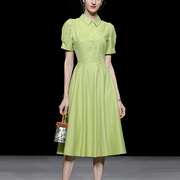 夏季女装2023气质黄绿色(黄绿色)条纹收腰显瘦衬衫裙连衣裙长裙裙子女