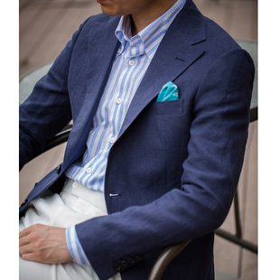 春夏薄款深蓝色全亚麻，半夹里西装修身欧版宽领型上衣男士可定制