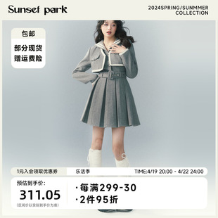 SunsetPark日落公园 灰色海军领羊毛呢百褶连衣裙西装两件套秋季