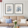 美式轻奢装饰画花卉简美客厅背景墙挂画饭厅卧室，床头蓝色植物壁画