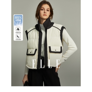 ELLE法式鸭绒黑白拼色短款羽绒服女2023冬装高端洋气保暖外套