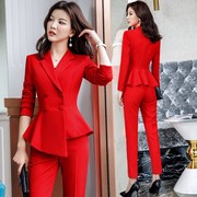 大红色西装外套女2021春秋韩版不规则英伦风时尚休闲西服套装