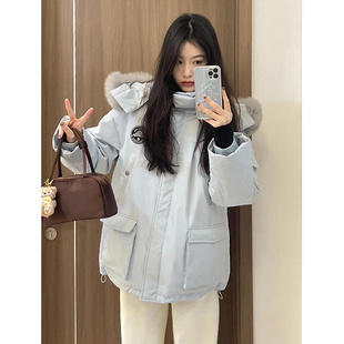 胖mm大码女装韩版加厚连帽羽绒棉服女冬季新款蓝色宽松保暖外套女