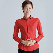 春季长袖衬衫女职业工装，修身ol通勤方领大红色衬衣女打底衫有大码