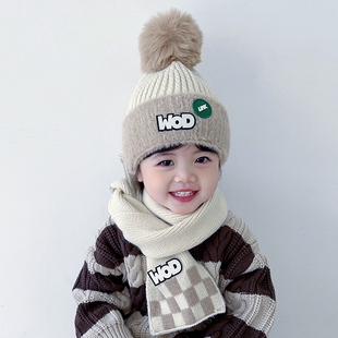 冬天儿童帽子围巾两件套保暖宝宝毛线帽，防寒加厚男女童针织护耳帽