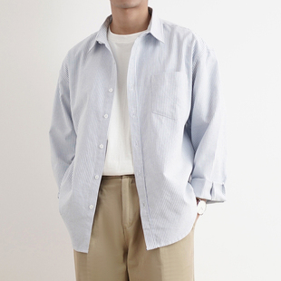 shijoin原创pocketime浅蓝条纹，衬衫宽松百搭200190牛津纺，长袖衬衣