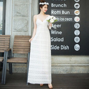 夏季白色蕾丝吊带超仙连衣裙V领长裙显瘦海南三亚海边度假沙滩裙