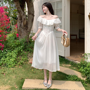 KATTERLLG大码女装夏季白色伴娘裙日常可穿荷叶边一字肩连衣裙高