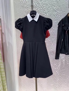 21秋冬黑色娃娃，短袖衬衣领黑色，礼服连衣裙