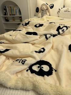 可爱黑煤球加厚羊羔绒毛毯子休闲小清新盖毯双面，保暖牛奶珊瑚绒毯