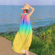 海边度假连衣裙长裙旅游宽松黄色，大码沙滩吊带适合海滩夏季粉色爆
