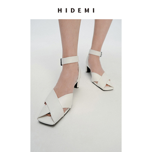 hidemi交叉设计感羊皮方尖头(方尖头)小跟凉鞋皮鞋白色黑色