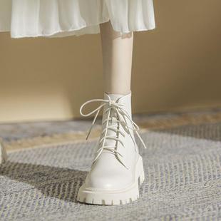 海伦馆白色马丁靴女春秋单靴2023小短靴真皮靴子冬季加绒女靴