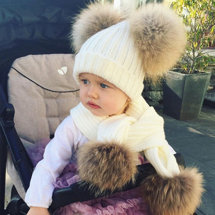 1-8岁冬季儿童针织帽围脖保暖加厚女宝宝，真皮草大貉子毛球帽