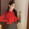 韩国chic冬季法式复古圆领，修身显瘦针织衫+单排扣长袖纯色外套女