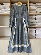 法国乡村感1970s制 假两件围裙式长裙 轻柔的格纹面料拼接蕾丝