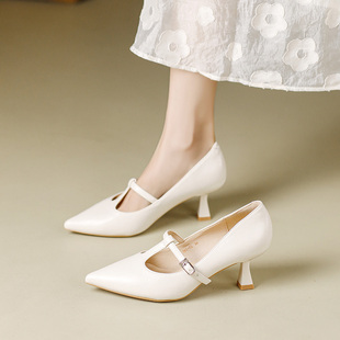 米白色软皮高跟鞋女细跟法式不累脚小众设计感T型带浅口尖头单鞋