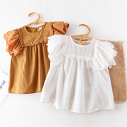 女童棉麻娃娃衫夏季洋气儿童公主衬衫宝宝无袖上衣甜美白衬衣