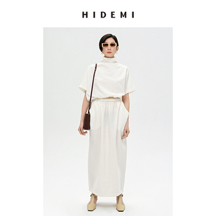 HIDEMI 简约设计感微荡立领半袖廓形套装 黑色/白色 上衣/半身裙