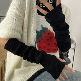 韩版针织手套半指百搭少女保暖毛线，护臂堆堆袖子简约长款学生手袖