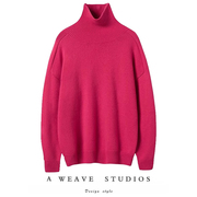 高姿态好货~耀眼的一件玫红色羊绒衫，高领毛衣宽松套头羊绒针织衫