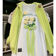 小清新立体花朵印花短袖T恤灯芯绒绿色简约宽松外套两件套春上衣