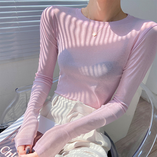 粉色t恤女长袖2024早春女式洋气小衫修身高端网纱透明上衣薄