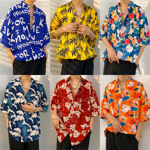 港风复古vintage花衬衫短袖三亚夏威夷风设计感痞帅宽松衬衣男女